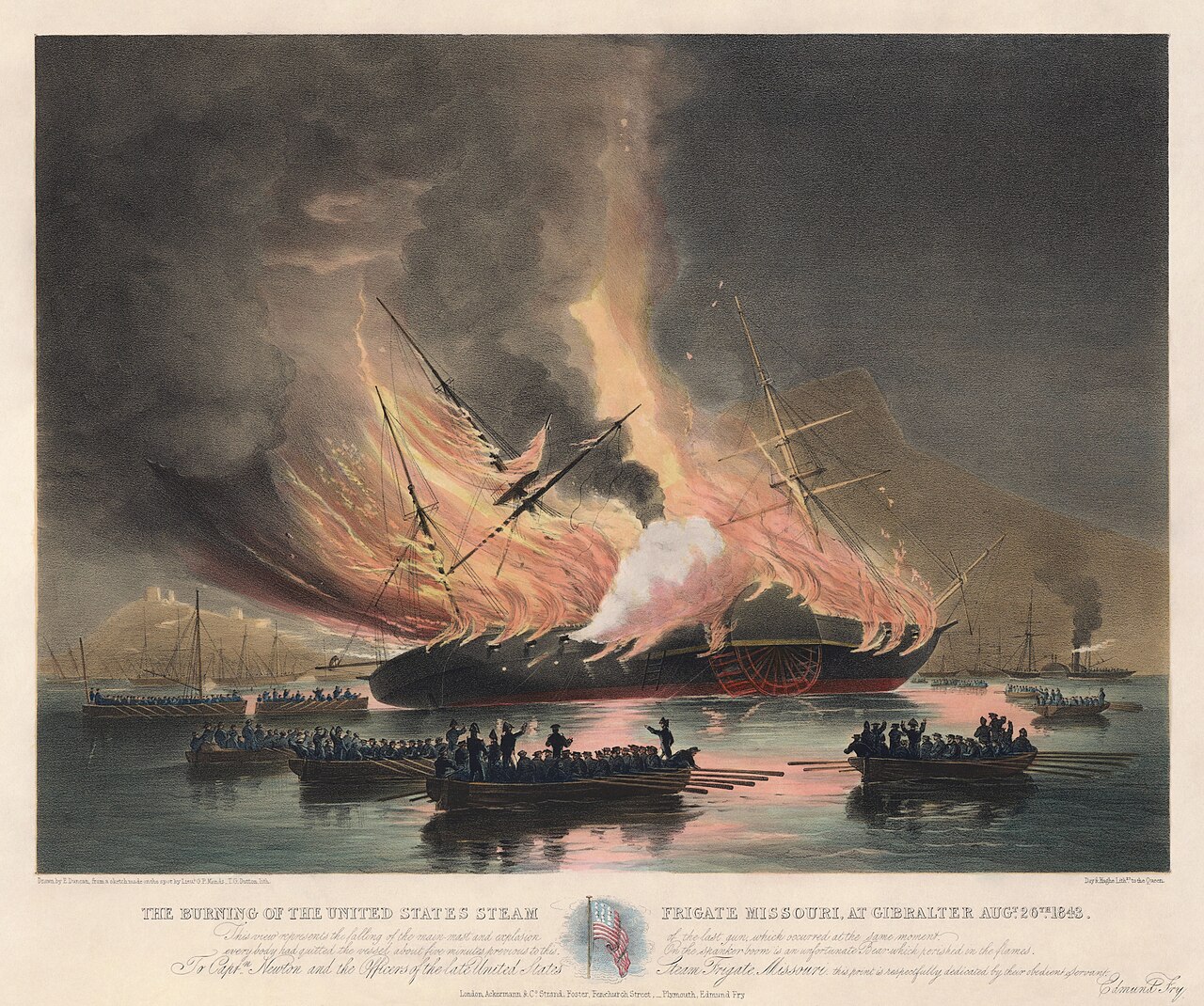 "The Accidental Burning of the USS Missouri in Gibraltar", lithograph, published by Ackermann…